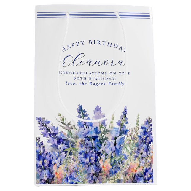 80th Birthday July Birth Month Flower Blue Medium Gift Bag (Front)