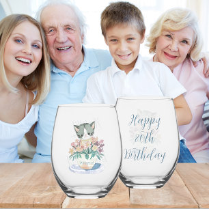 80th Birthday Kitten Sitting In A Pot Of Flowers Stemless Wine Glass