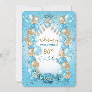 80th Birthday Ladies Blue Gold Balloons Design Invitation