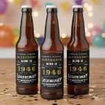80th Birthday Legend Born 1946 Vintage Black Beer Bottle Label<br><div class="desc">A personalized classic beer bottle label design for that birthday celebration for somebody born in 1946 and turning 80. Add the name to this vintage retro style black, white and gold design for a custom birthday gift. Easily edit the name and year with the template provided. A wonderful custom black...</div>