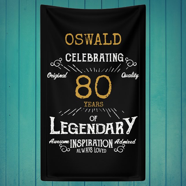 80th Birthday Legendary Black Gold Retro Banner (A personalized classic party banner for that special birthday turning 80)