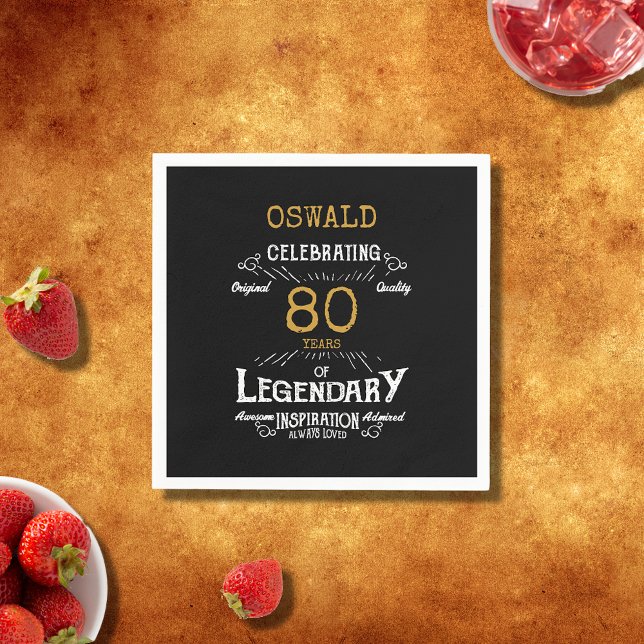 80th Birthday Legendary Black Gold Retro Napkin (For those celebrating their 80th birthday we have the ideal birthday party napkins )