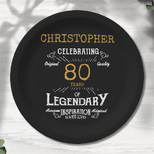 80th Birthday Legendary Black Gold Retro Paper Plate