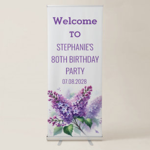 80th Birthday Lilac Purple Flowers Floral Elegant Retractable Banner
