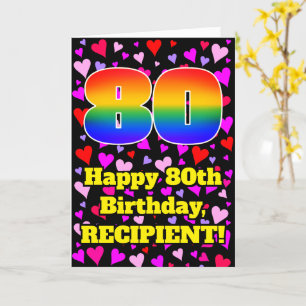 80th Birthday: Loving Hearts Pattern, Rainbow # 80 Card