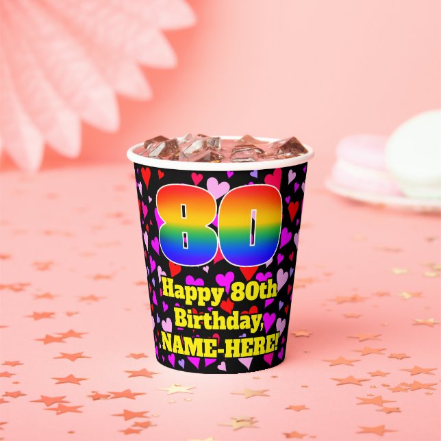 80th Birthday: Loving Hearts Pattern, Rainbow 80 Paper Cups (Insitu)