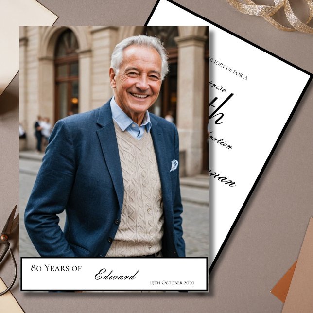 80th Birthday Male Stylish Photo Elegant  Invitation (Creator Uploaded)