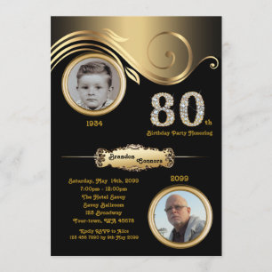 80th,Birthday Man 80th, art deco, black gold Invitation