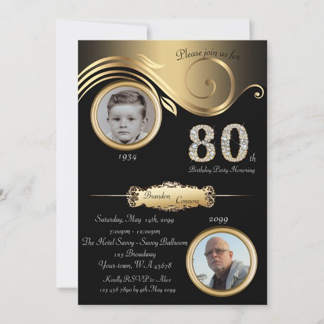 80th,Birthday Man 80th,elegant art deco,black silv Invitation (Front)