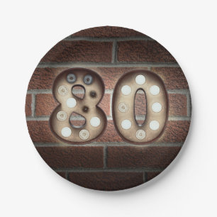 80th birthday marquee sign on brick wall paper plate