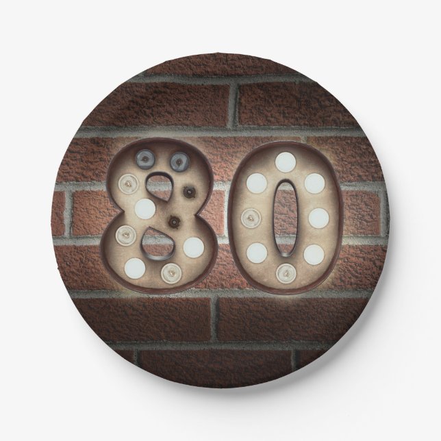 80th birthday marquee sign on brick wall paper plate (Front)