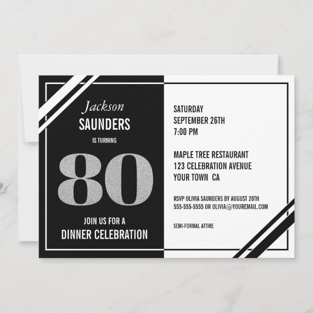 80th Birthday Modern Black and White Dinner Party Invitation (Front)