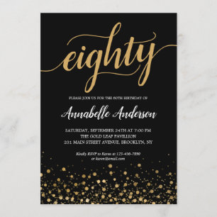 80th Birthday Modern Black Gold Confetti Script Invitation
