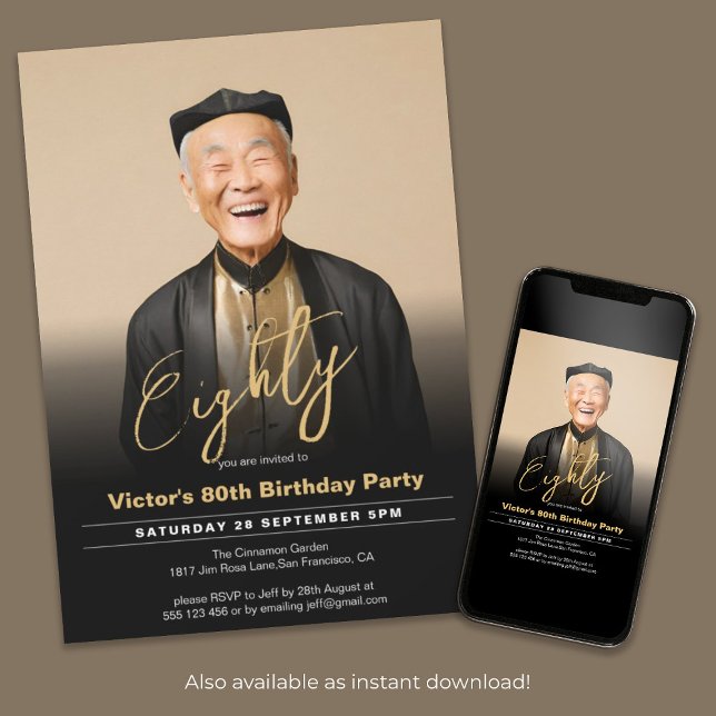 80th Birthday Modern Black Gold Minimal Photo Invitation (80th Birthday Modern Black Gold Minimal Photo Invitation)
