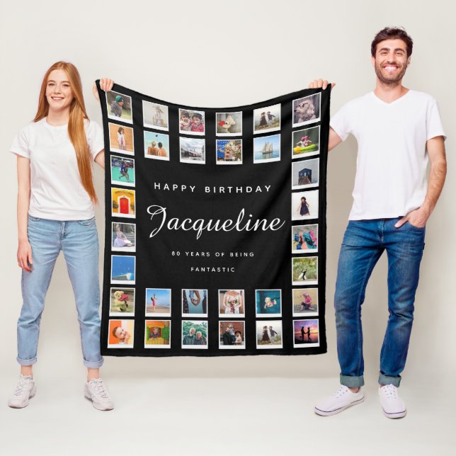 80th Birthday Modern Chic Photo Collage Black Fleece Blanket (In Situ)