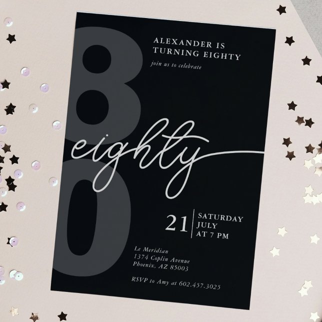 80th Birthday Modern Minimalist Black Grey  Invitation (Creator Uploaded)