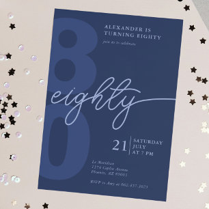 80th Birthday Modern Minimalist Navy Invitation