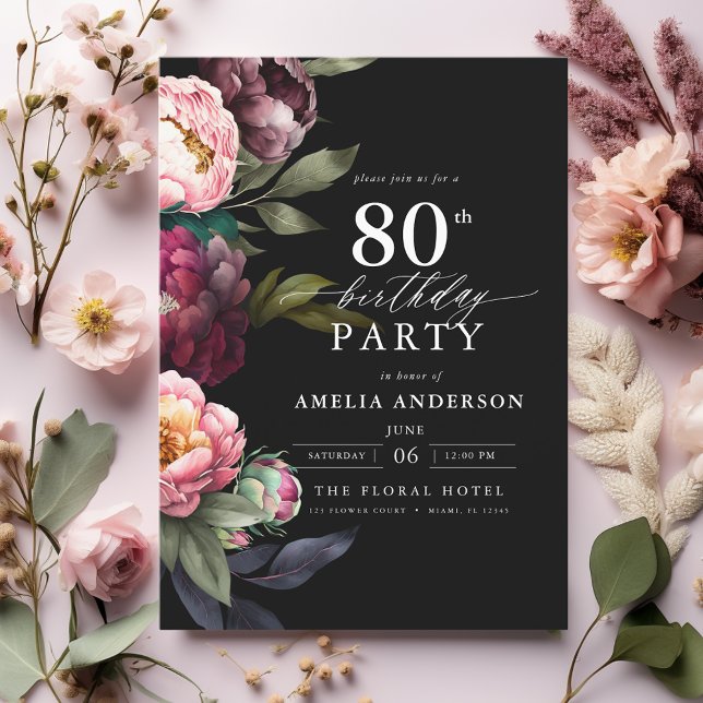 80th Birthday Modern Moody Burgundy Blush Floral Invitation (Creator Uploaded)