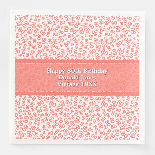 80th Birthday Modern Number Pattern Coral/White Napkin (Front)
