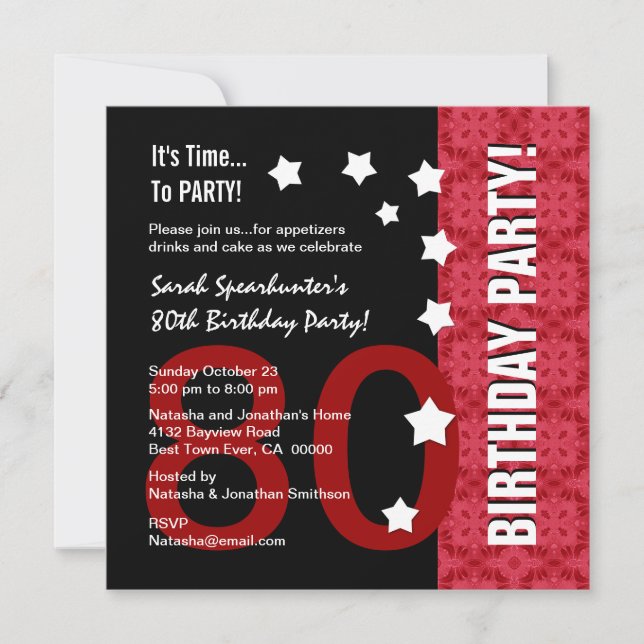 80th Birthday Modern Red and Black Funny D80A Invitation (Front)