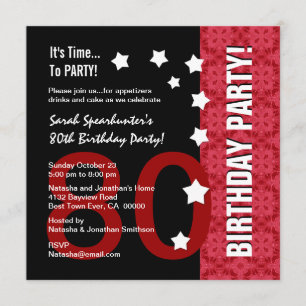 80th Birthday Modern Red and Black Funny D80A Invitation
