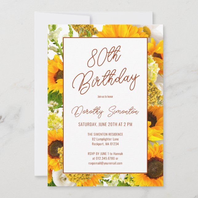 80th Birthday Modern Sunflower Floral Invitation (Front)