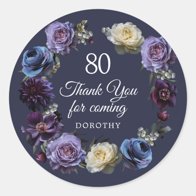 80th Birthday Moody Purple Flower Thank You Favour Classic Round Sticker (Front)