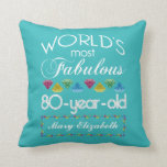 80th Birthday Most Fabulous Colourful Gem Cushion<br><div class="desc">Celebrate the milestone birthday of your favourite senior citizen with this fun gift reminding them of how fabulous they are. White and grey lettering on deep turquoise background. Colourful diamond-cut gems in rainbow tones serve as accent. Customise with names, initials or other text. This series is in increments of 5...</div>