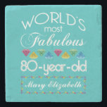80th Birthday Most Fabulous Colourful Gem Stone Coaster<br><div class="desc">Celebrate the milestone birthday of your favourite senior citizen with this fun gift reminding them of how fabulous they are. White and grey lettering on deep turquoise background. Colourful diamond-cut gems in rainbow tones serve as accent. Customise with names, initials or other text. This series is in increments of 5...</div>
