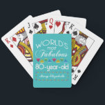 80th Birthday Most Fabulous Colourful Gem Turquois Playing Cards<br><div class="desc">Celebrate the milestone birthday of your favourite senior citizen with this fun gift reminding them of how fabulous they are. White and grey lettering on deep turquoise background. Colourful diamond-cut gems in rainbow tones serve as accent. Customise with names, initials or other text. This series is in increments of 5...</div>