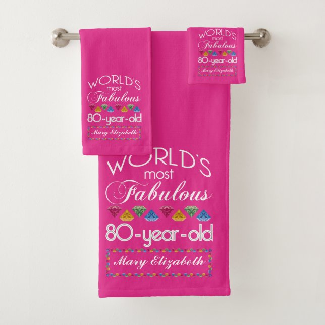 80th Birthday Most Fabulous Colourful Gems Pink Bath Towel Set (Insitu)