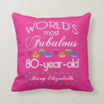 80th Birthday Most Fabulous Colourful Gems Pink Cushion<br><div class="desc">Celebrate the milestone birthday of your favourite senior citizen with this fun gift reminding them of how fabulous they are. White and grey lettering on deep pink background. Colourful diamond-cut gems in rainbow tones serve as accent. Customise with names, initials or other text. This series is in increments of 5...</div>