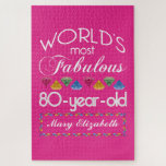 80th Birthday Most Fabulous Colourful Gems Pink Jigsaw Puzzle<br><div class="desc">Celebrate the milestone birthday of your favourite senior citizen with this fun gift reminding them of how fabulous they are. White and grey lettering on deep turquoise background. Colourful diamond-cut gems in rainbow tones serve as accent. Customise with names, initials or other text. This series is in increments of 5...</div>