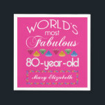 80th Birthday Most Fabulous Colourful Gems Pink Napkin<br><div class="desc">Celebrate the milestone birthday of your favourite senior citizen with this fun gift reminding them of how fabulous they are. White and grey lettering on deep pink background. Colourful diamond-cut gems in rainbow tones serve as accent. Customise with names, initials or other text. This series is in increments of 5...</div>