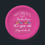 80th Birthday Most Fabulous Colourful Gems Pink Paper Plate<br><div class="desc">Celebrate the milestone birthday of your favourite senior citizen with this fun gift reminding them of how fabulous they are. White and grey lettering on deep pink background. Colourful diamond-cut gems in rainbow tones serve as accent. Customise with names, initials or other text. This series is in increments of 5...</div>