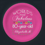 80th Birthday Most Fabulous Colourful Gems Pink Paper Plate<br><div class="desc">Celebrate the milestone birthday of your favourite senior citizen with this fun gift reminding them of how fabulous they are. White and grey lettering on deep pink background. Colourful diamond-cut gems in rainbow tones serve as accent. Customise with names, initials or other text. This series is in increments of 5...</div>