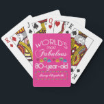 80th Birthday Most Fabulous Colourful Gems Pink Playing Cards<br><div class="desc">Celebrate the milestone birthday of your favourite senior citizen with this fun gift reminding them of how fabulous they are. White and grey lettering on deep pink background. Colourful diamond-cut gems in rainbow tones serve as accent. Customise with names, initials or other text. This series is in increments of 5...</div>