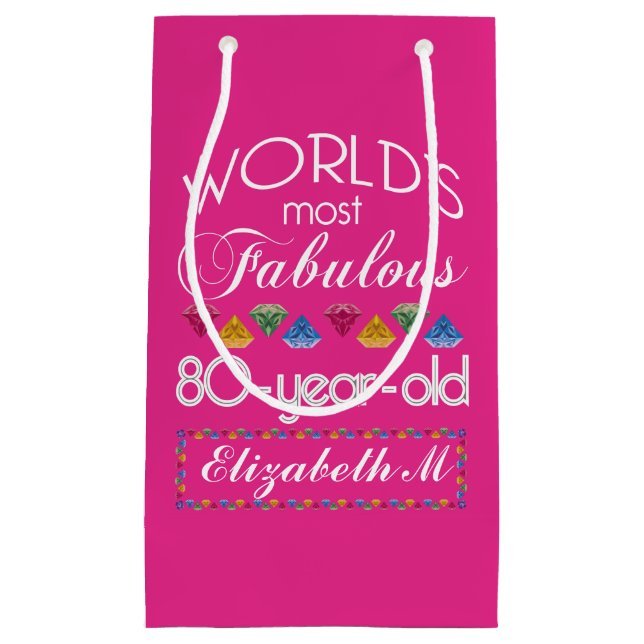 80th Birthday Most Fabulous Colourful Gems Pink Small Gift Bag (Front)