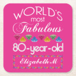 80th Birthday Most Fabulous Colourful Gems Pink Square Paper Coaster<br><div class="desc">Celebrate the milestone birthday of your favourite senior citizen with this fun gift reminding them of how fabulous they are. White and grey lettering on deep pink background. Colourful diamond-cut gems in rainbow tones serve as accent. Customise with names, initials or other text. This series is in increments of 5...</div>