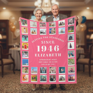 80th Birthday Mother Family Photo collage Pink Fleece Blanket