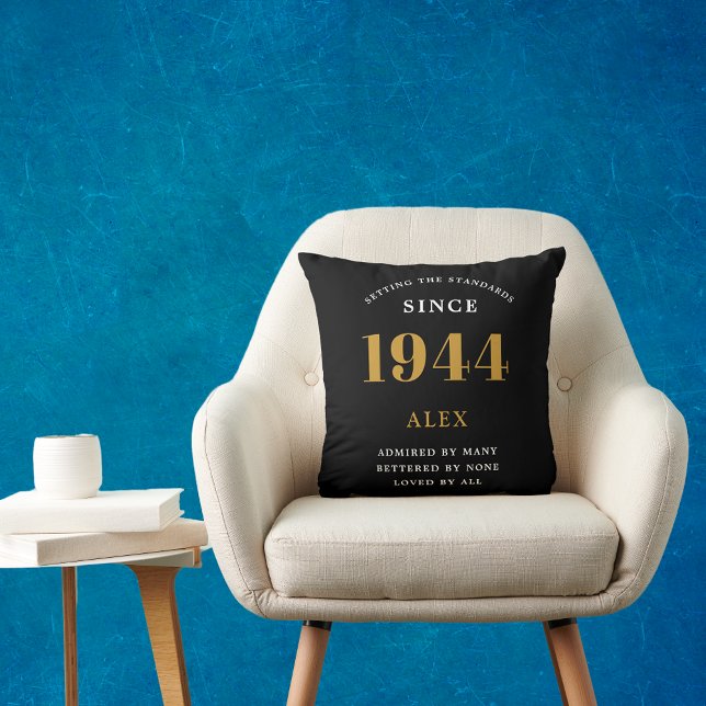 80th Birthday Name 1944 Black Gold Elegant Chic Cushion (80th Birthday Special 1944 Born Black Gold Chic Elegant Throw Pillow - Perfect for Home Décor.)