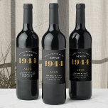 80th Birthday Name 1945 Black Gold Elegant Chic<br><div class="desc">1945 Vintage 80th Birthday Black & Gold Elegant Wine Label. Celebrate your milestone with our exclusive 1945 Vintage 80th birthday wine label. The meticulously designed label with stunning black and gold hues effortlessly enhances the visual appeal of your favourite wine. The year 1945, prominently featured on the label, adds a...</div>