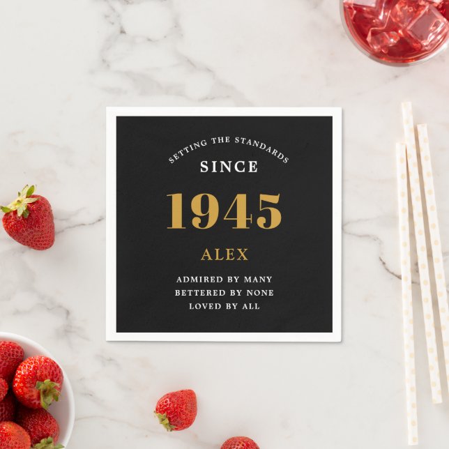 80th Birthday Name 1945 Black Gold Elegant Chic Napkin (Insitu)