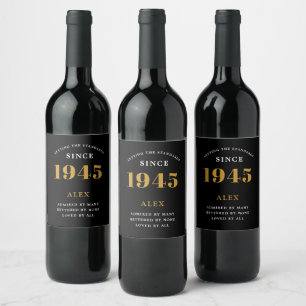80th Birthday Name 1945 Black Gold Elegant Chic Wine Label