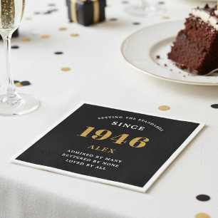 80th Birthday Name 1946 Black Gold Elegant Chic Napkin
