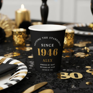 80th Birthday Name 1946 Black Gold Elegant Chic Paper Cups