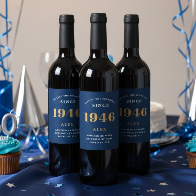 80th Birthday Name 1946 Blue Gold Elegant Chic Wine Label (Blue 1946 wine bottle labels )