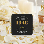 80th Birthday Name 1946 Year Black Gold Custom Square Paper Coaster<br><div class="desc">Premium 80th Birthday Black and Gold Personalised Paper Coasters - Celebration Elegance. Celebrate a milestone birthday in style with our chic, premium-quality, 80th Birthday paper coasters. Exquisitely designed with a striking black and gold colour scheme, these coasters add a touch of luxury and sophistication to any 80th birthday bash. Express...</div>