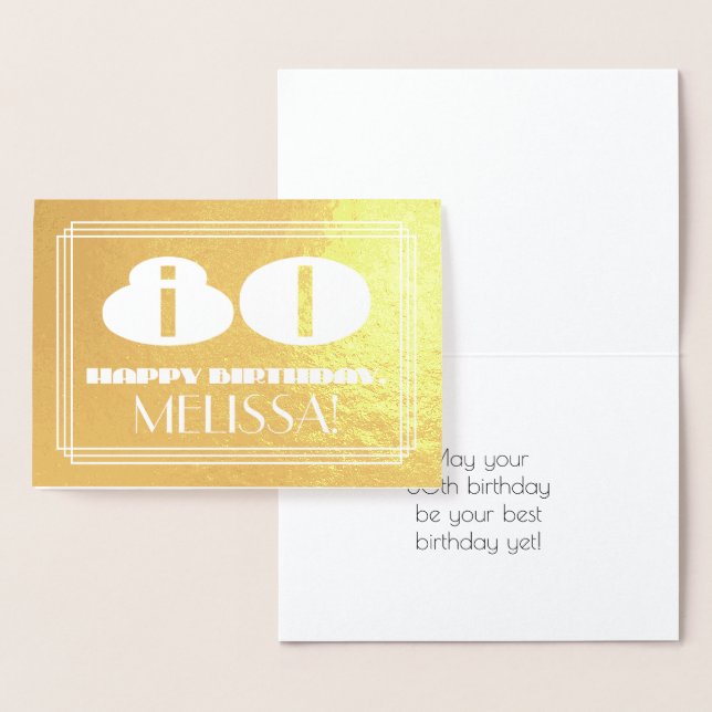 80th Birthday: Name + Art Deco Inspired Look "80" Foil Card (Display)