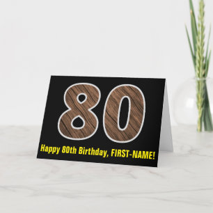 80th Birthday: Name + Faux Wood Grain Pattern "80" Card